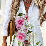 Women'S Floral Print Long Sleeve Casual Button-Up Shirt - White with Pink Roses & Green Leaves, Perfect for All Seasons, Casual Attire|Floral Print Shirt|Long Sleeve Shirt