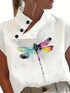 1pc Elegant Polyester Butterfly Print Blouse for Women, All-Season Knit Fabric Stand Collar Short Sleeve Top