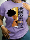Women's Purple "I Don't Care" Empowerment Print T-Shirt - 100% Positive Affirmation Short Sleeve Top with Golden Accents, Round Neck Casual Summer Shirt, Machine Washable & Semi-Sheer for Layering, Everyday Fashion, Fashion S