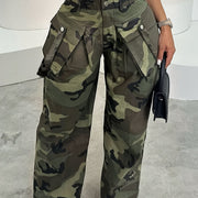 Women'S Camo Print Cargo Pants with Zipper Pockets, Casual Loose Fit Wide Leg Trousers for Casual Attire, High-Quality Cargo Pants