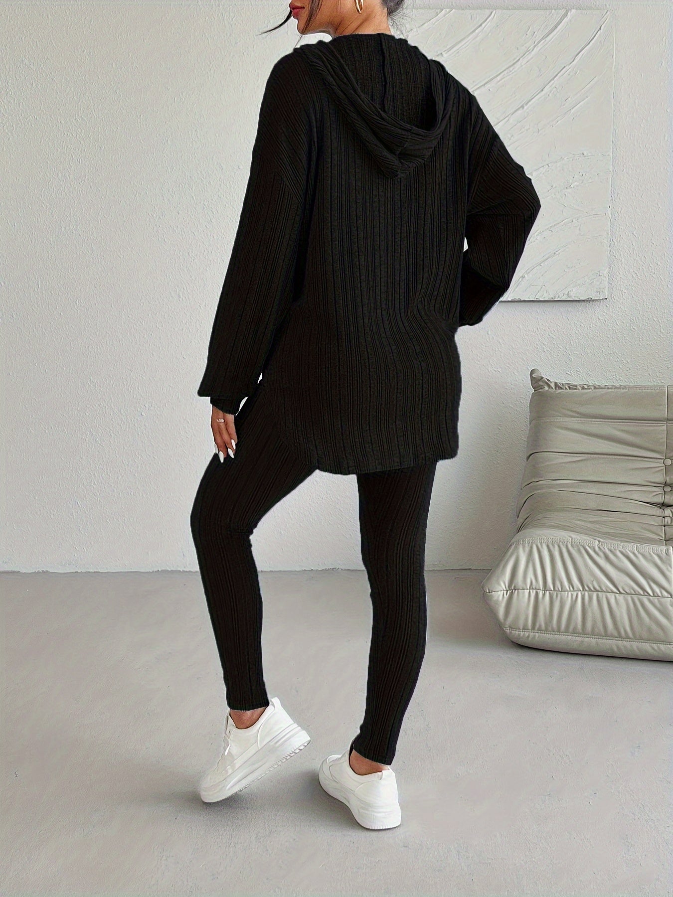 two-piece Ribbed Long Sleeve Hooded Top & Skinny Pants Set for Women, Casual Lounge Outfit