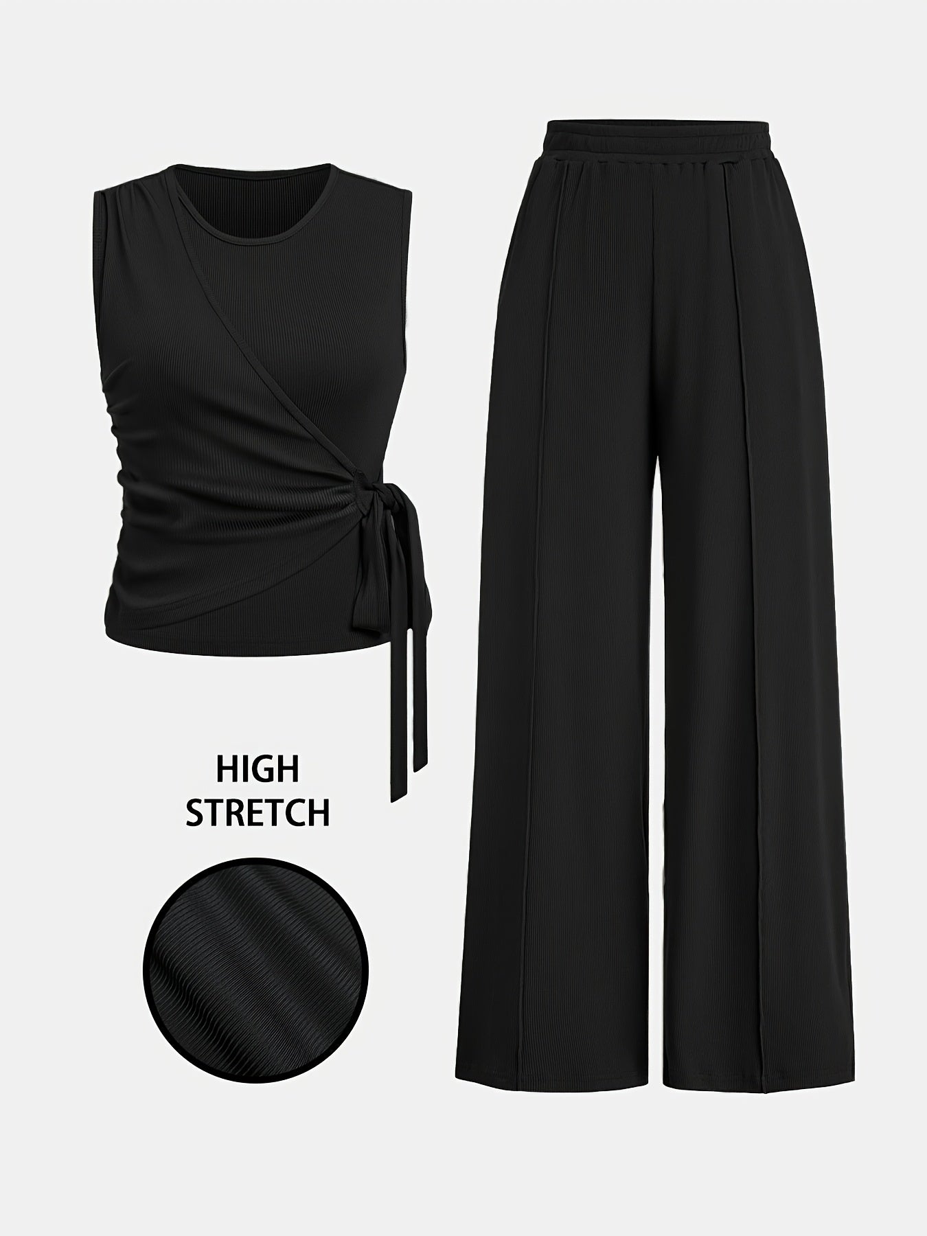 Elegant Women's Sleeveless Ribbed Top & Wide-Leg Pants Set – Bow Detail, Stretchy Knit Two-Piece Outfit for Spring/Summer