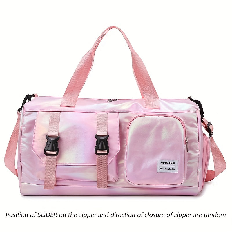 Large Capacity Women'S Nylon Travel Duffel Bag - Pink Iridescent Weekender Gym Tote with Shoe Compartment, Shoulder Strap & Multiple Pockets - Versatile Sports & Fitness Carry-On