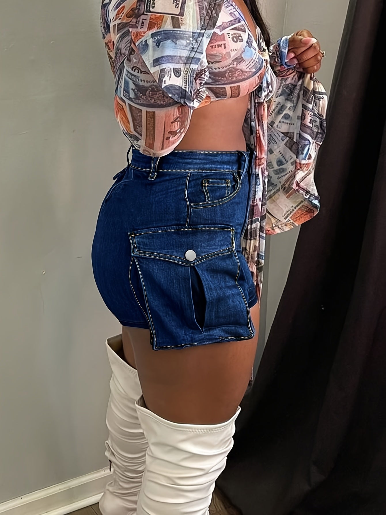 Women's Sexy Denim Mini Skirt with Cargo Pockets - Stretchy, Mid-Rise, Washed Blue, Summer Fashion, Cotton, Bodycon Fit, Casual Style