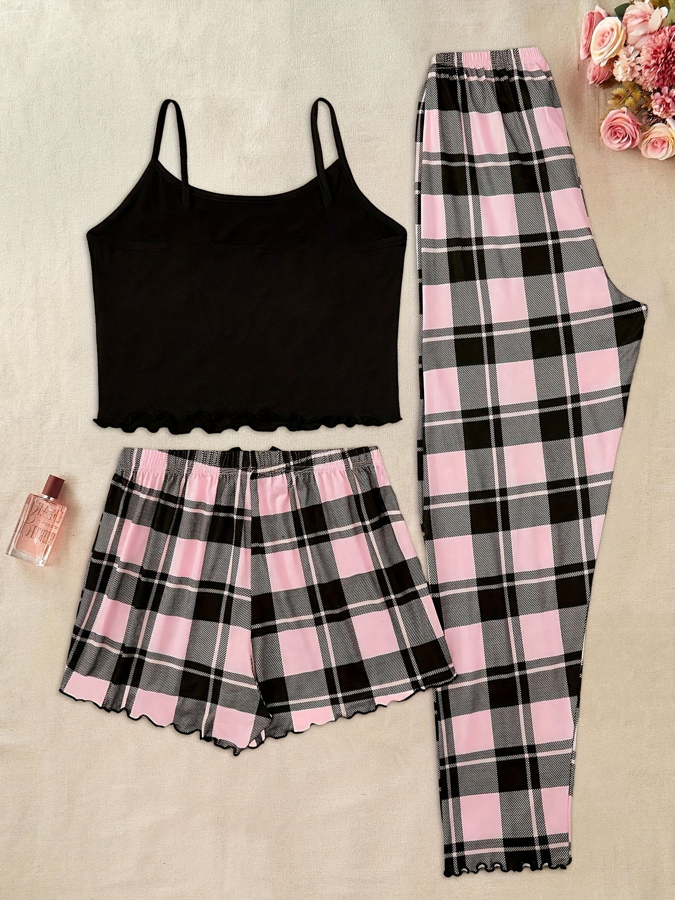 3pcs Women'S Pajama Set - Mature Gingham Pattern, Spaghetti Strap Sleeveless Top, Long Length Pants, Knit Fabric, Polyester & Elastane Blend, Comfortable All-Season Sleepwear