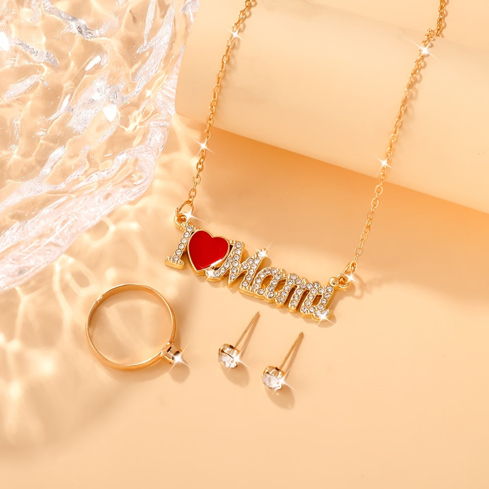 4pcs Bohemian style Women's jewelry set - "I Love Mom" pendant necklace, earrings, and ring combination, perfect for Mother's Day gifts, parties, Teacher's Day/ back to school/ graduation