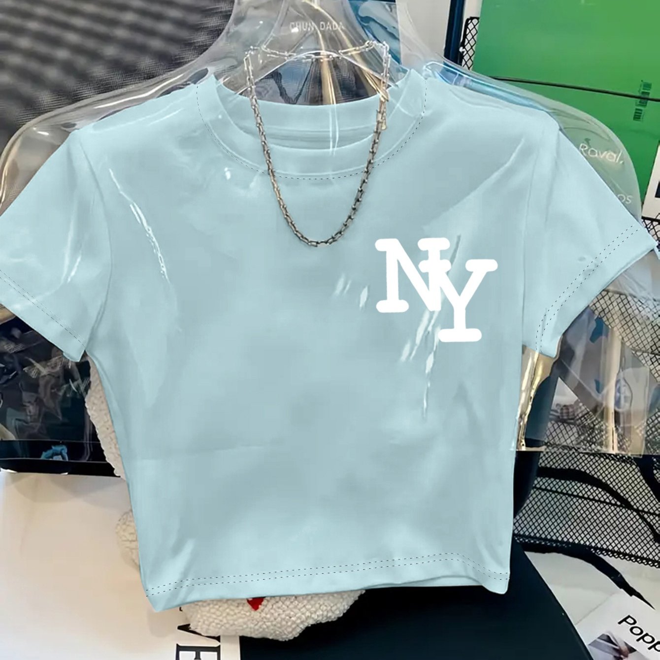 Women's Y2K Style NY Monogram Graphic T-Shirt - Soft Stretchy Polyester Blend, Oversized Cropped Fit, Machine Washable Spring/Summer Casual Top