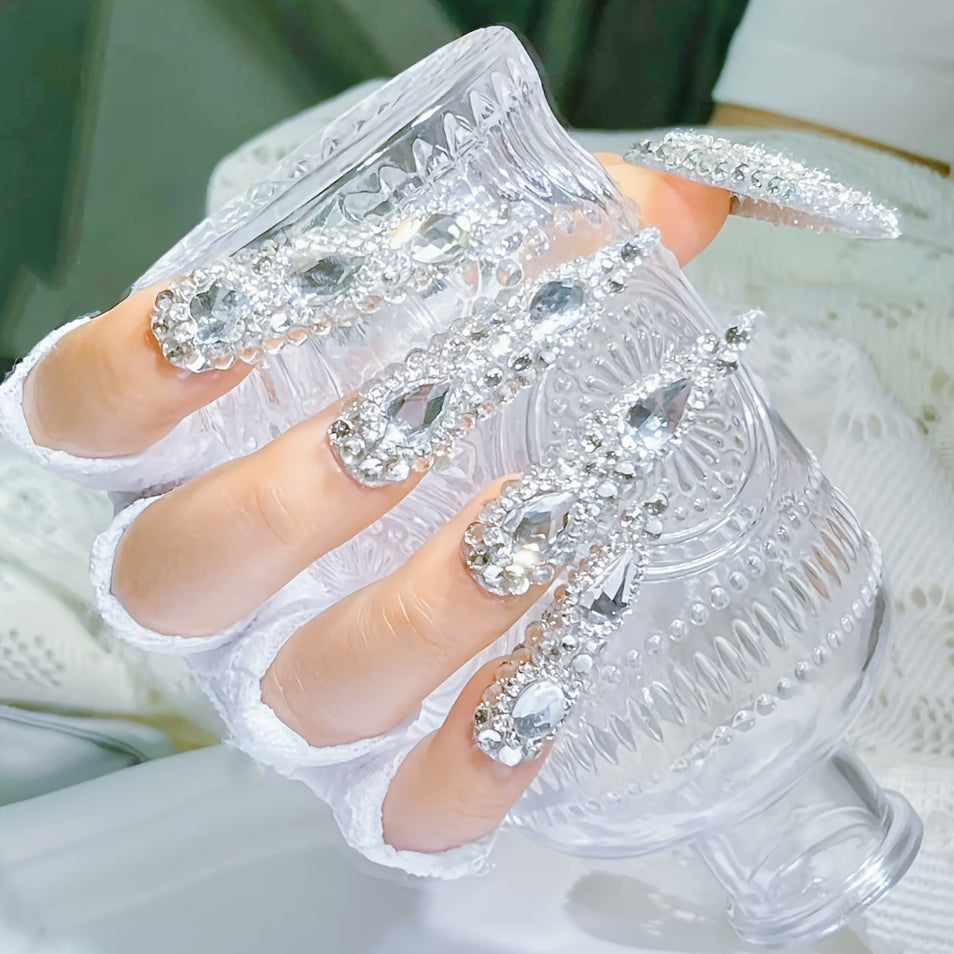 10pcs Handmade Press on Nails Kit Rhinestone Decor Luxury Extra Long Pointed Almond Nails Box Included Free Nail Tool Stickers Nail Charm DIY Salon Nail Art Party Christmas Silvery Acrylic Nail Y2K Nail Supplies Fake Nail Tip