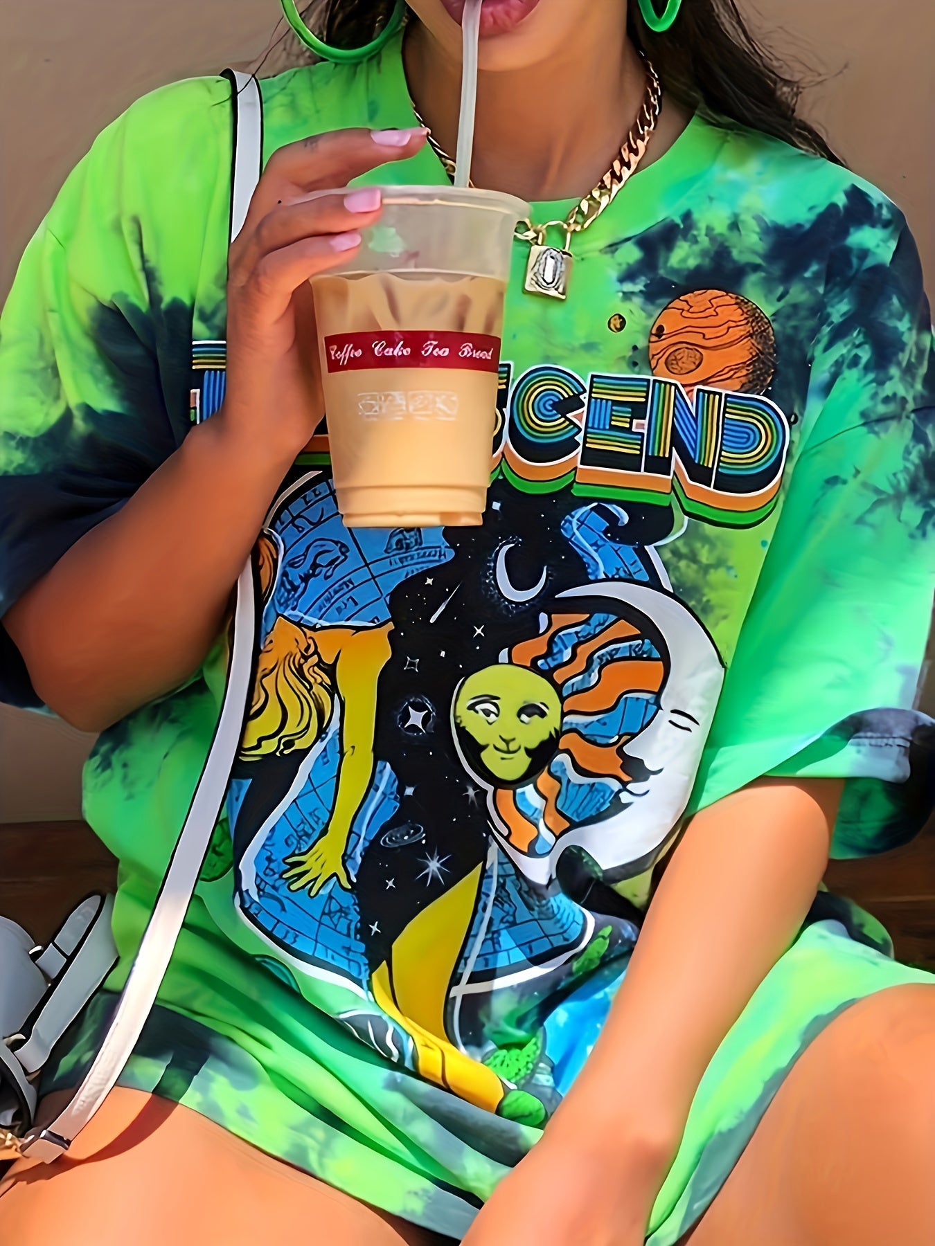 Figure & Sun Print Tie Dye T-Shirt, Casual Short Sleeve T-Shirt For Spring & Summer, Women's Clothing