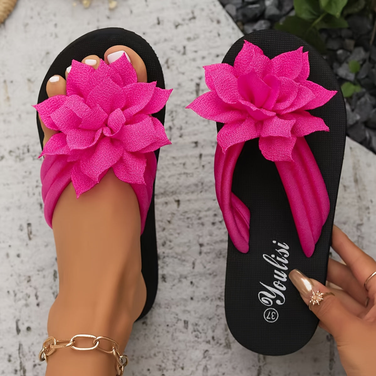 Women'S Bohemian Flip Flops - Black, Red, Green & Pink with Floral Accents, Casual Sandals for Beach, Pool & Everyday Wear, All-Season Comfort, Rubber Sole, Slip-On Style, Casual Footwear | Bohemian Style | Rubber Sole Sandal