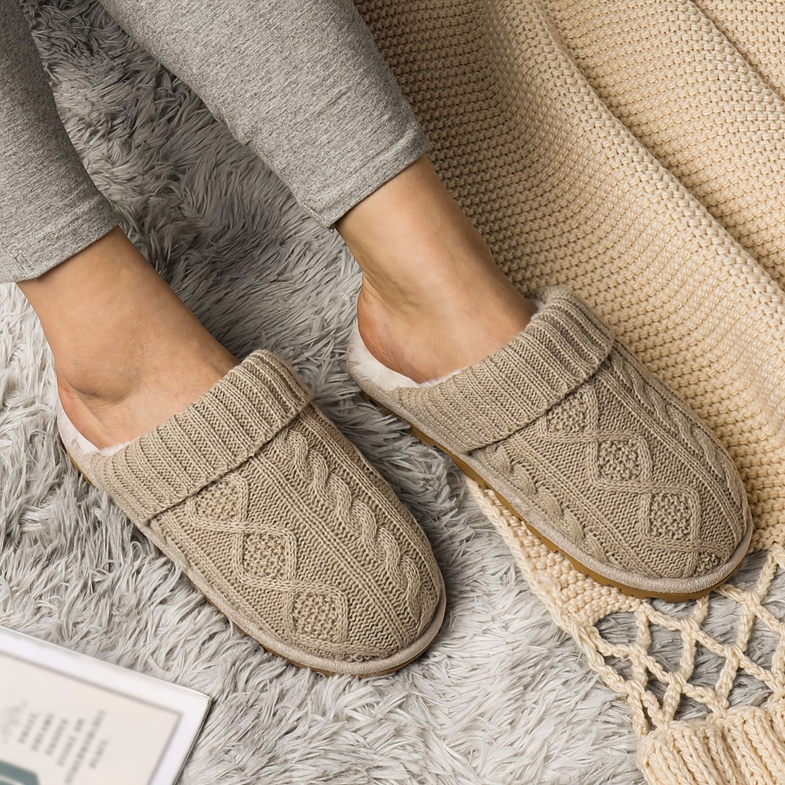 Cozy Women's Plush Lined Slippers with, Non-Slip Sole, Soft Ribbed Cuff – Beige/Light Brown, Perfect Christmas Gift for Friends and Girlfriends, House Slippers, Best for Christmas