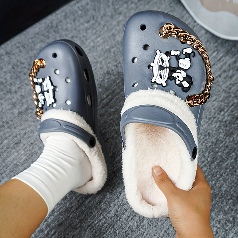 Women's Winter Thermal Clogs – Cartoon Pattern, EVA Sole, Fabric Liner, Golden Chain Detail