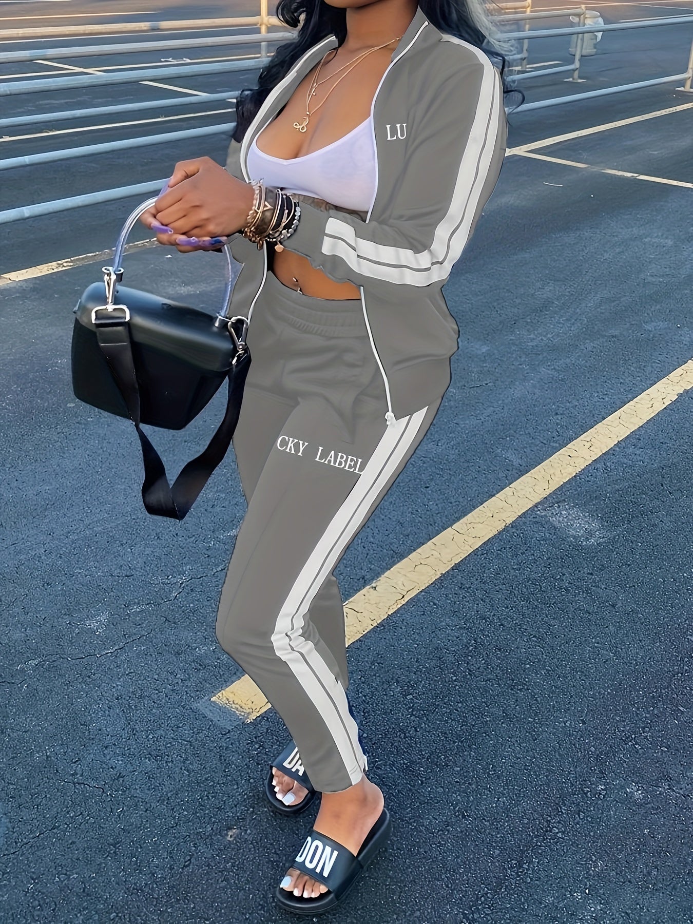 Women's Letter Pattern Striped Two-piece Set, Zip Up Long Sleeve Tops & Elastic Waist Pants Outfits - Casual Style - For Women - Perfect for Daily Wear, Parties & Going Out