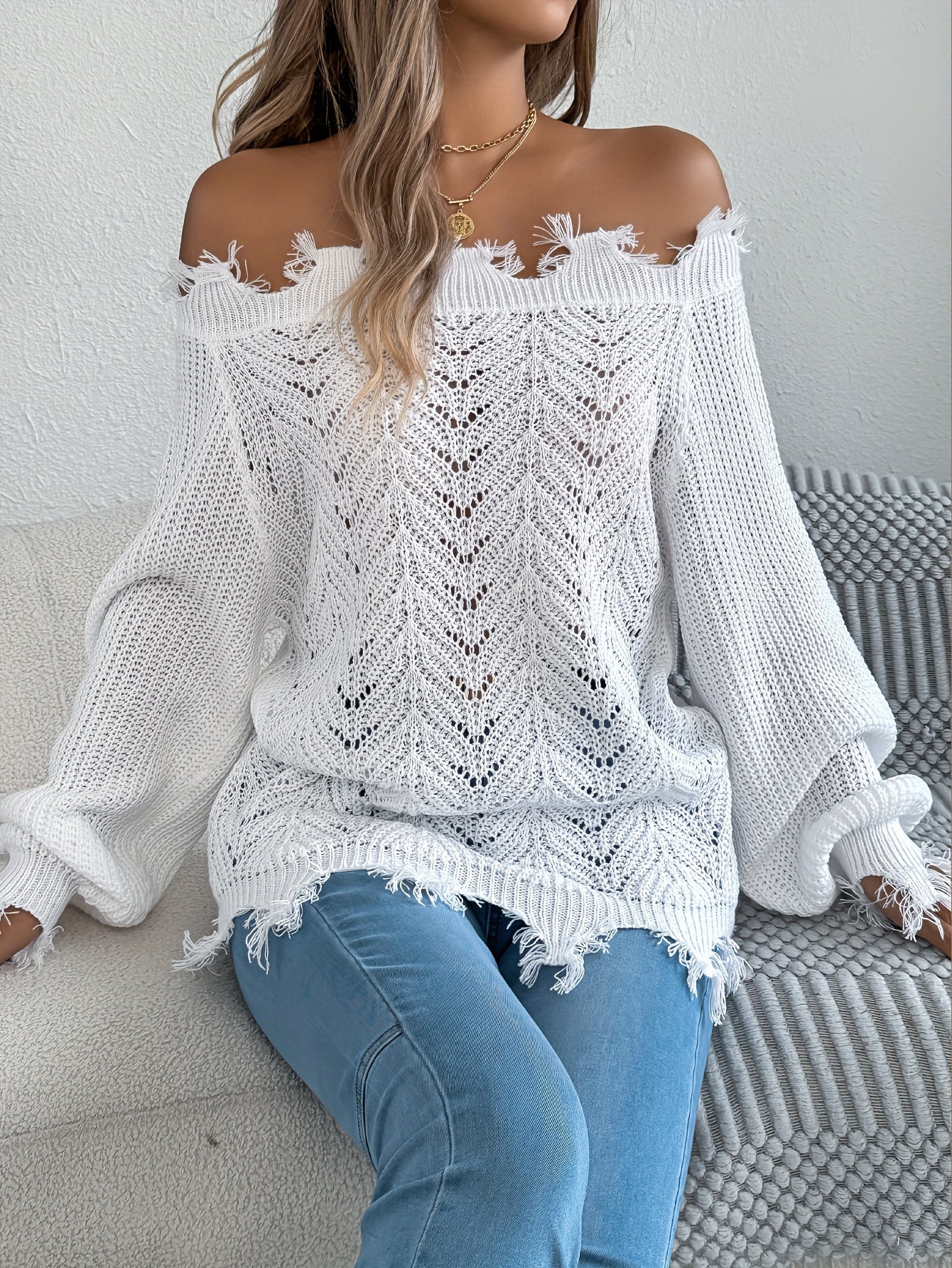 Raw Trim Off-shoulder Ripped Sweater - Stylish Long Sleeve Sweater For Spring & Fall - Women's Clothing -  Soft & Cozy Fabric - Perfect Gift for Fashionable Women
