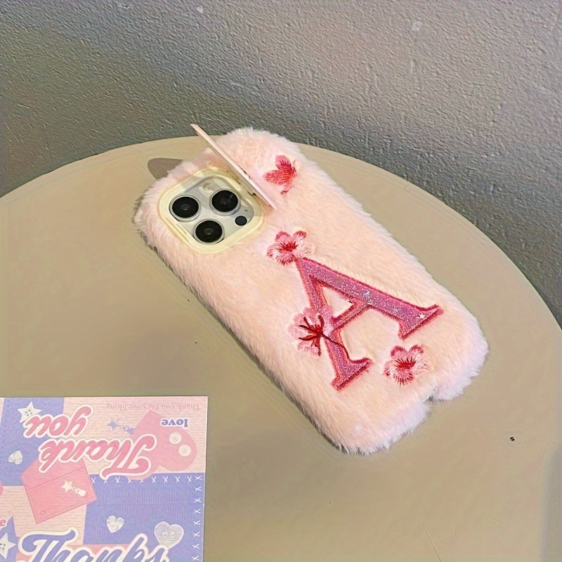 Plush Embroidered Big A Letter Stand Mobile Phone Case, Suitable for Apple 16/ 15 Pro Max/15 Pro/15/15Plus/14 Pro Max/14 Pro/14Plus/14/13 Pro Max/13 Pro/13 /12 Pro Max/12 Pro/12/11Pro Max/11 Couple All-Inclusive Mobile Phone