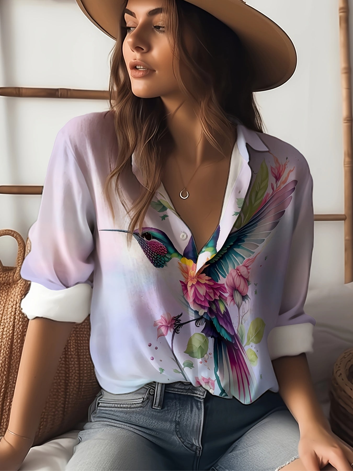 Women'S Long Sleeve Printed Blouse - Vibrant Hummingbird & Floral Design, Casual Lapel Collar, Lightweight Polyester Shirt for Spring/Fall, Ladies Blouses