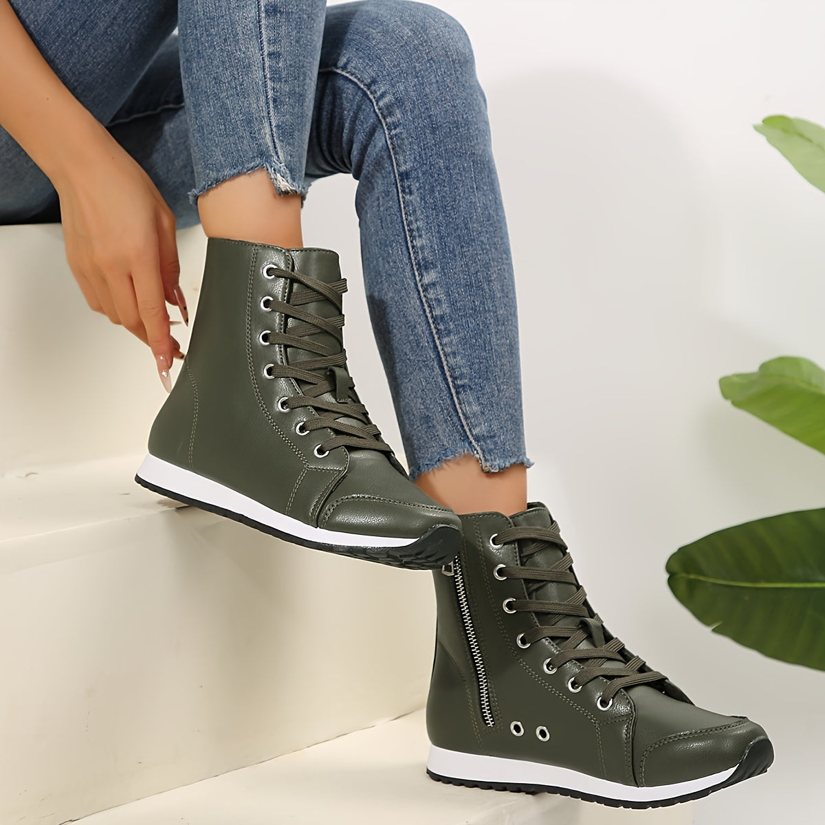 YMM980-99 White & Black Military Green High-Top Side Zipper Women'S Fashion Casual Versatile Inner Zipper Lace-Up Comfortable Breathable Sports Ankle Boots