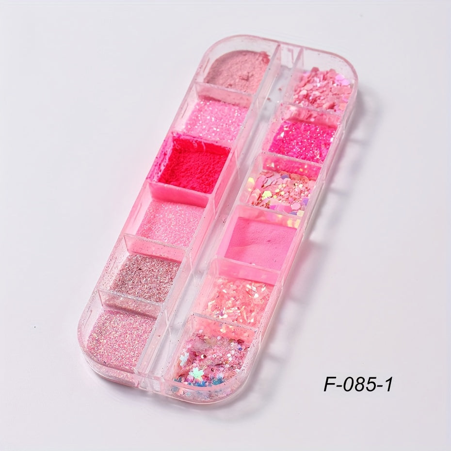 FULL BEAUTY 12 Grids Pink Glitter Nail Flakes, Holographic Hexagon Irregular Sequins, Sliced Sparkly Crystal Pigment Powder for Manicure Decoration, Hypoallergenic Rectangle Shape, Nail Charms