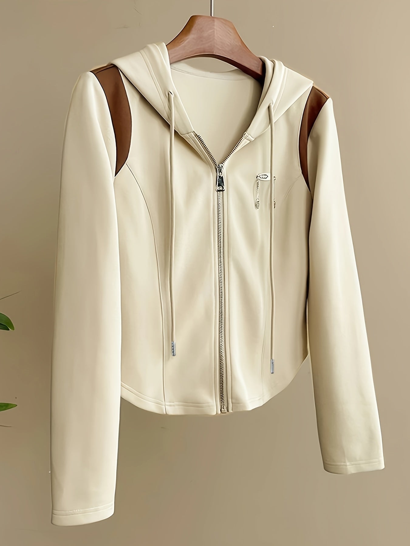 Women'S 2pcs Casual Sportswear Set, Fall 2025 Collection, Solid Color, Contrast Patchwork, Hooded Zip-Up Cardigan, Long Sleeve, Knit Fabric, Polyester 95%, Elastane 5%, Lightweight, 200g/m², Spring/Fall Collection