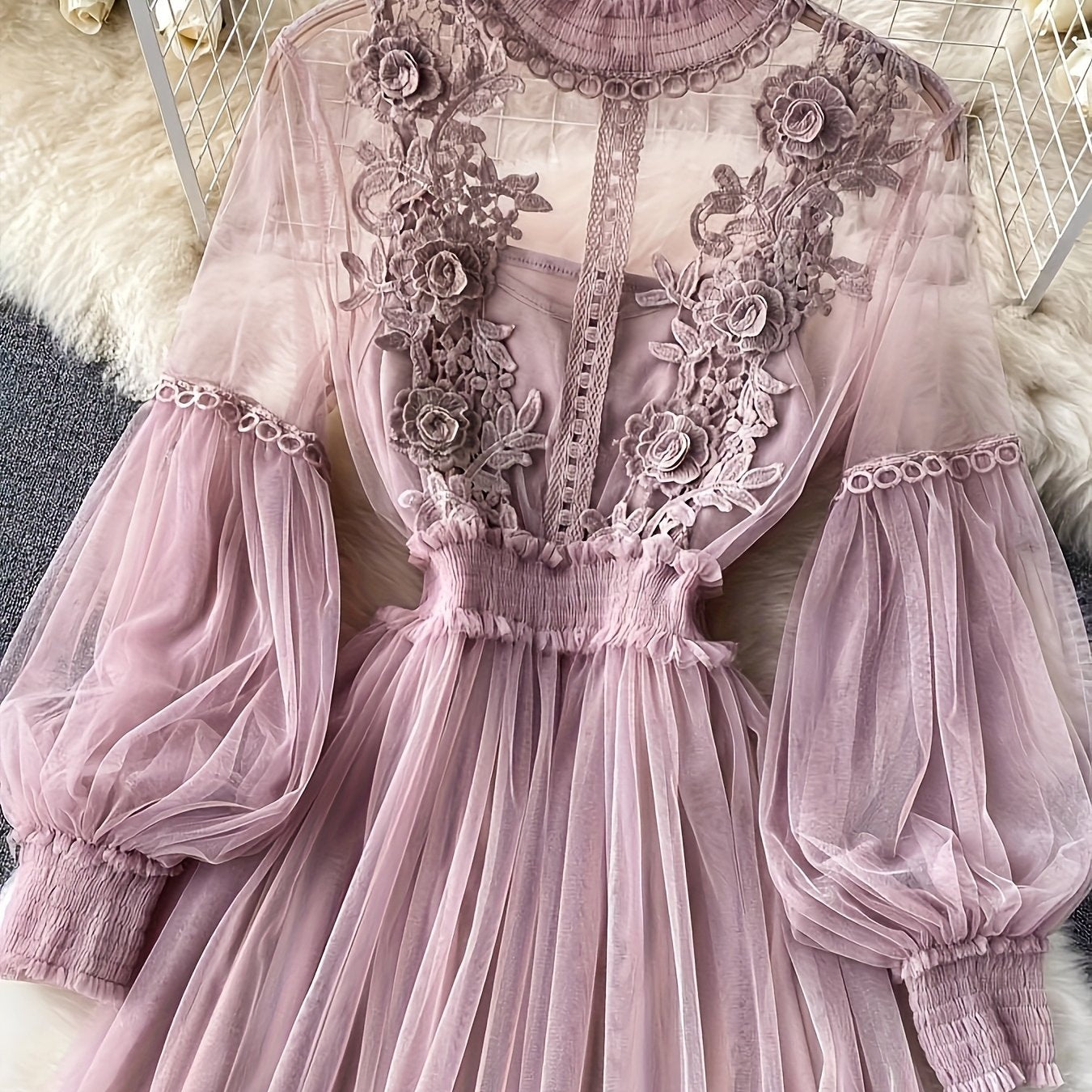 Plus Size Dresses Women'S Fashion Three-dimensional Flower Collage Sheer Mesh Balloon Sleeve Slim Long Dress Light Luxury Design Sense Women'S Chiffon Lace Shirt Suspender Base Shirt, Luxury Gift For Women