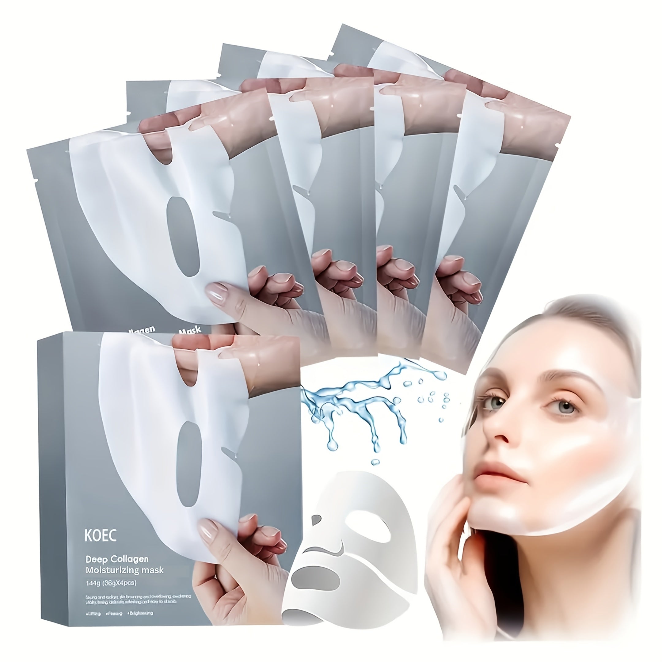 KOECE Hydrating Collagen Face Masks - 4pcs Overnight Firming & Moisturizing Treatment, Gentle & Non-Irritating for All Skin Types, Deep Hydration & Elasticity Boost, Fragrance-Free, Overnight Skincare | Gentle Skin Care | Sea