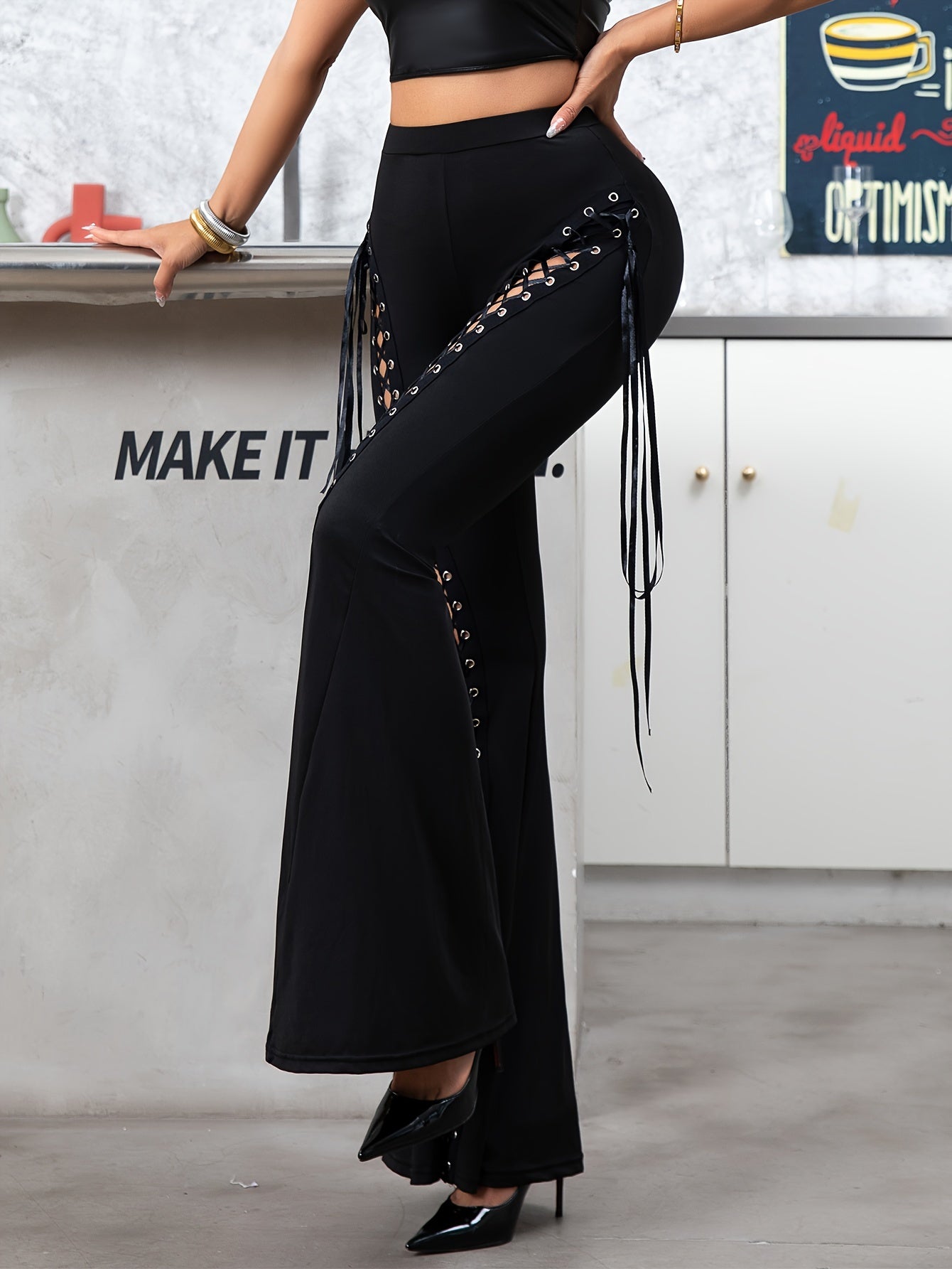Flattering Flared Pants with Lace-up Accents - Stylish Polyester Blend Knit Fabric - Fashionable Adult Size for Fall/Winter - Comfortable, Figure-Hugging Design with Knit Fabric for Ultimate Freedom of Movement