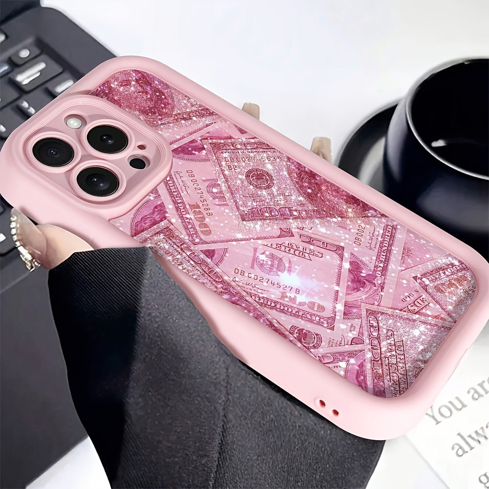A Shockproof Full Coverage Protective Case Featuring a High Bamboo Pink Rose And Golden Dollar Design, Compatible with Apple Iphone Models 6 Through 16 Pro Max.