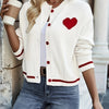 Heart Pattern Crew Neck Striped Cardigan, Casual Color Block Button Front Long Sleeve Cardigan For Fall, Women's Clothing