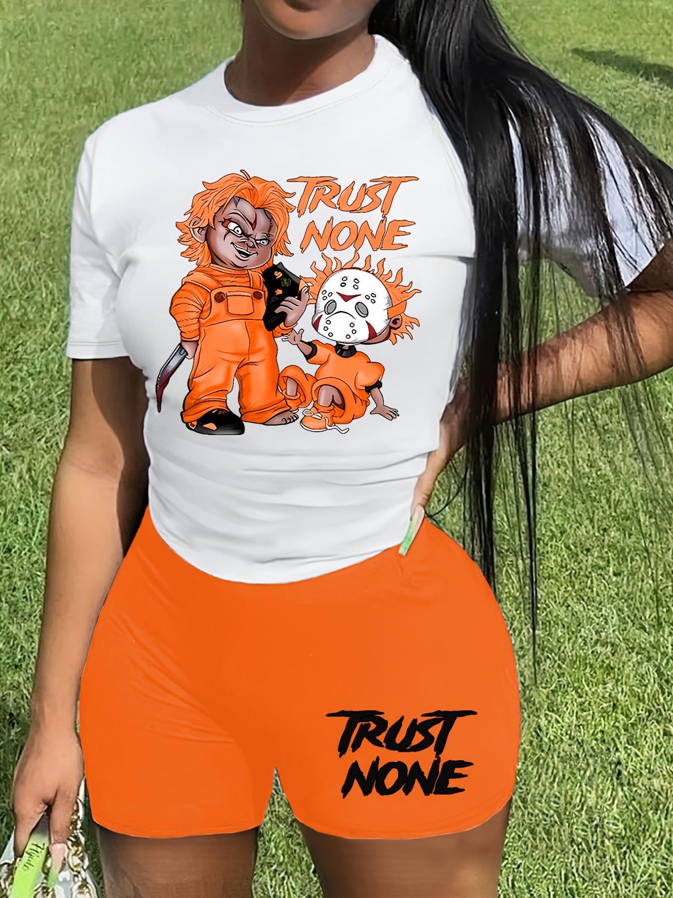 Sexy Orange & White Graphic Print Two-Piece Set - Women's "TRUST NONE" Short Sleeve T-Shirt & High-Waist Shorts, Polyester Blend, Machine Washable