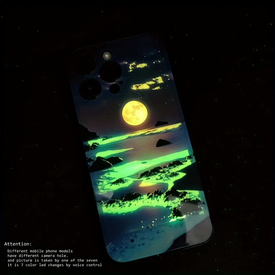 Glowing Meteor Sunset Beach Smart Voice-Controlled Luminous Phone Case Compatible with Samsung S24 Ultra/S23 Ultra/S23 FE/S21 FE/S22 Ultra/S21 Ultra/Iphone 15 14 Plus 13 12 11 Pro Max, Featuring Night Glow Technology And an E