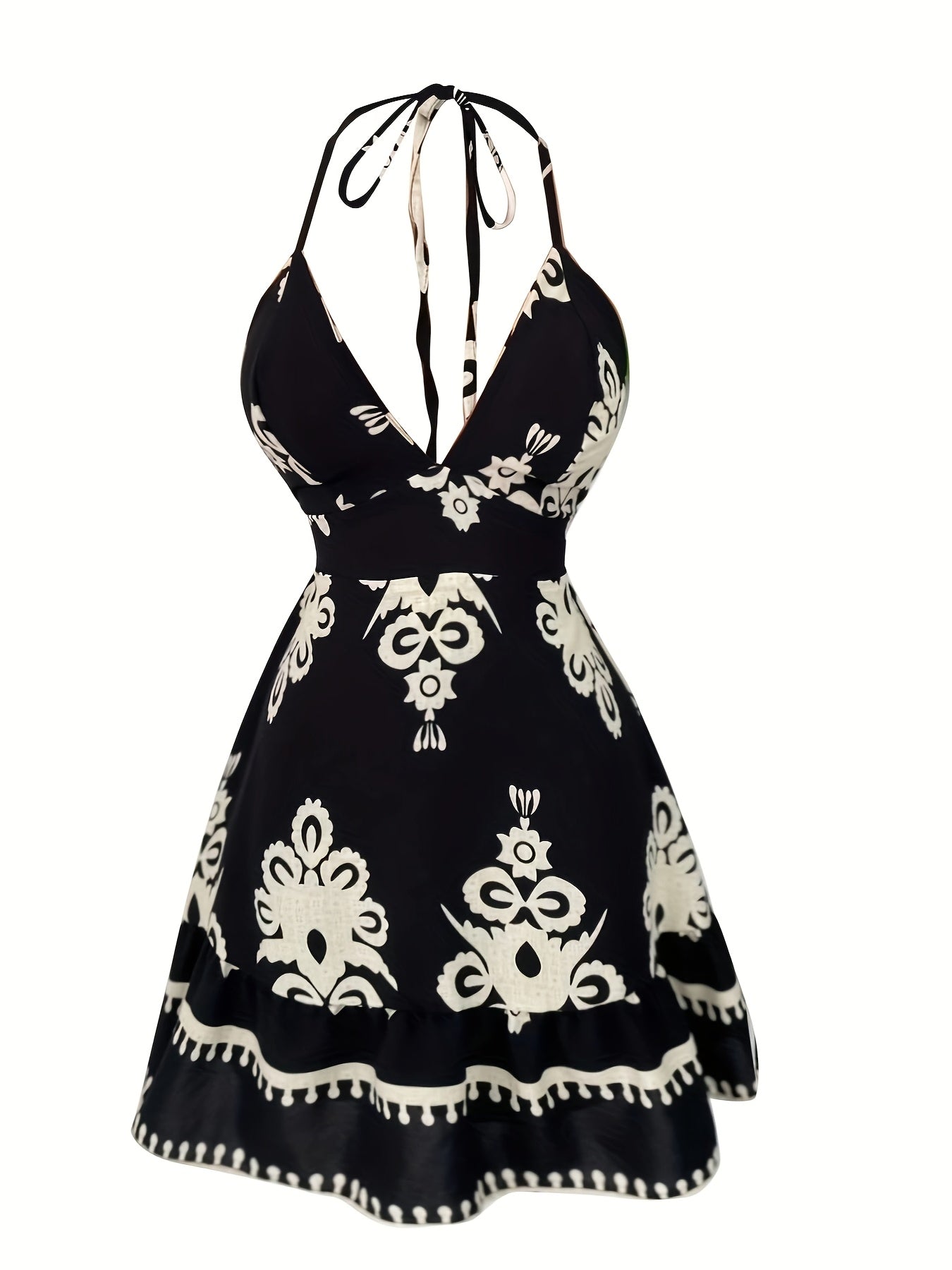 Women's Elegant Halter Neck Summer Dress - Black & White Floral Print A-Line Knee-Length with Back Bow Detail, Machine Washable for Beach, Casual & Semi-Formal Occasions, No Stretch Fabric, Beach Dress