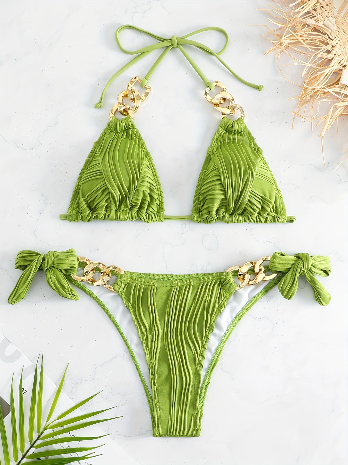 Stripes Ruched Texture Golden Chain Ring Link Halter 2 Piece Set Bikini, Bow Tie Side Triangle Halter Tie Neck Stretchy Swimsuit For Beach Pool Bathing, Women's Swimwear & Clothing