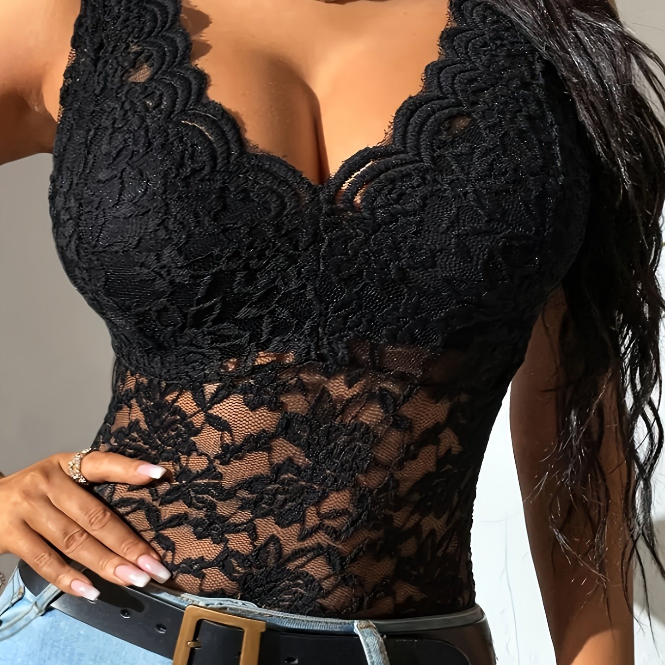 V-Neck Fashionable Lace Top for Women - Polyester, Sexy Style, Solid Color, Spring/Summer/Fall, Contrast Lace, Knit Fabric, Fabric Weight 140 g/m²