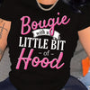 Women'S "Bougie with a Little Bit of Hood" Letter Print T-Shirt, Casual Crew Neck Short Sleeve Top, Polyester 95% Spandex 5% Knit Fabric, Spring/Summer Fashion, Applique Detail