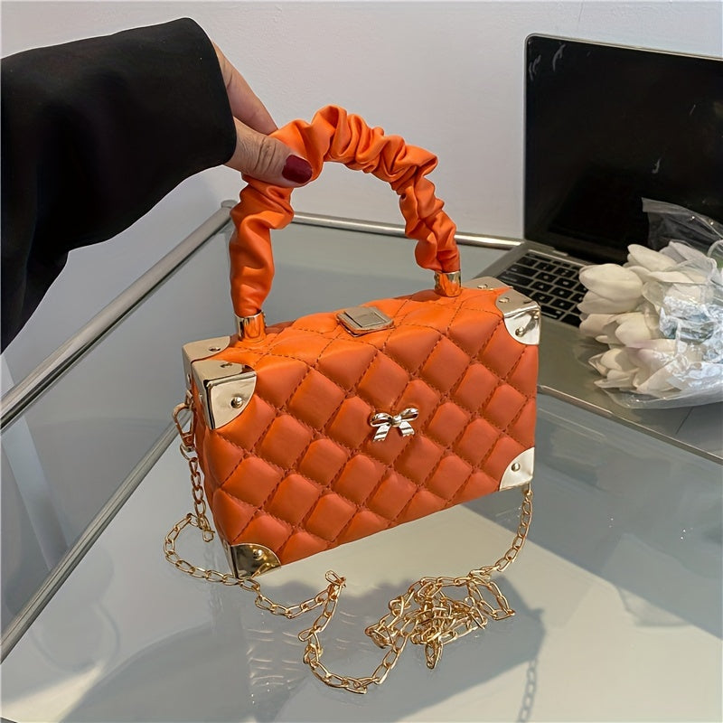 [Popular Choice] Chic Mini Boxy Crossbody Bag with Quilted Diamond Pattern and Bow Detail, Faux Leather, Available in Orange/Fuchsia/White/Green/Black, Pleated, Chain Strap, Shoulder Bag