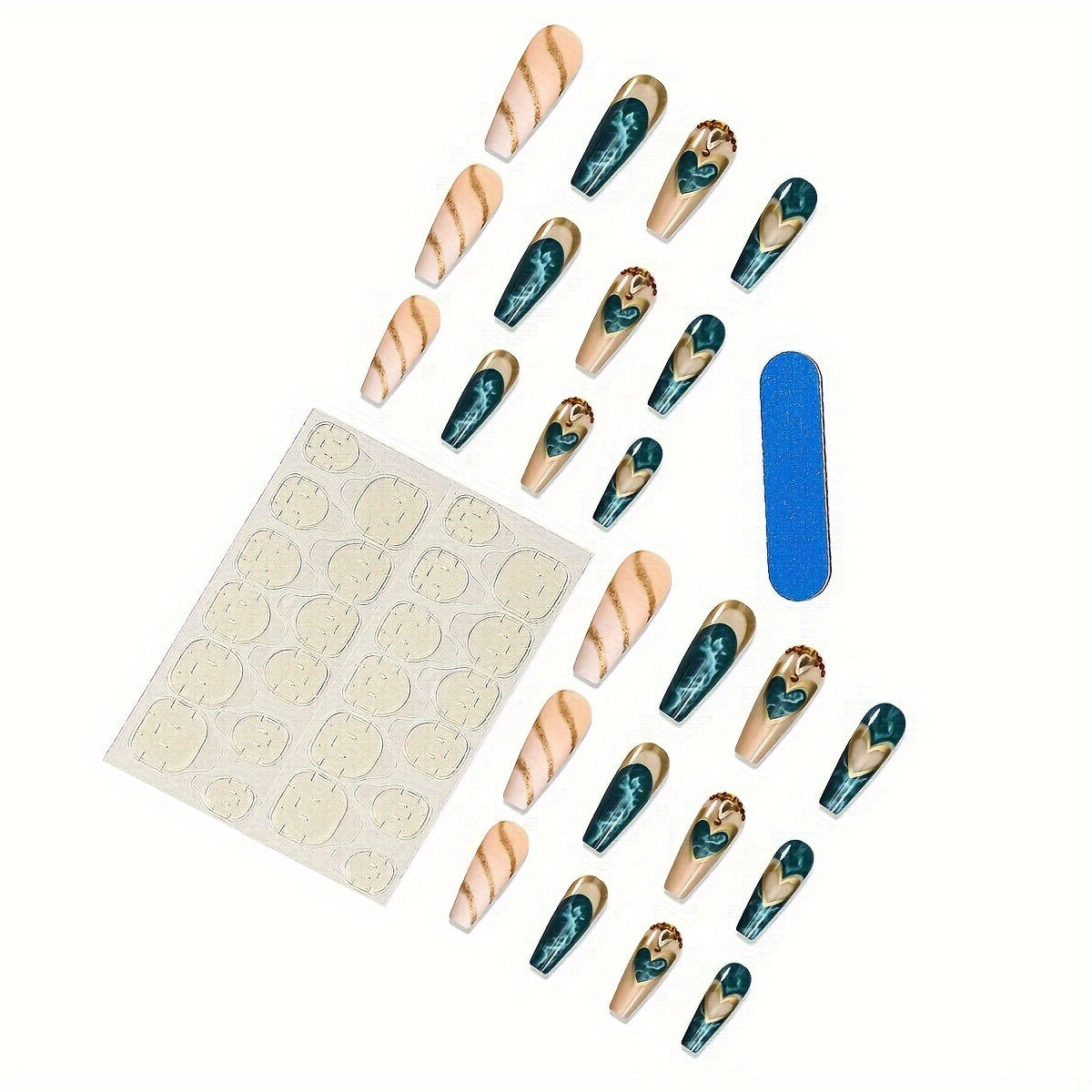 Queen Style, Long Ballet Marble Ombre Press-On Nails with Golden Foil Accents for s - 24pcs, Includes 1 Jelly Glue & 1 Nail File, Perfect Fit and Durable