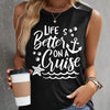 Seaside Beach Vacation Travel Pattern Print Crew Neck Vest, Casual Spring Summer Loose Fashion Cheap Affordable Tank Top, Women'S Clothing
