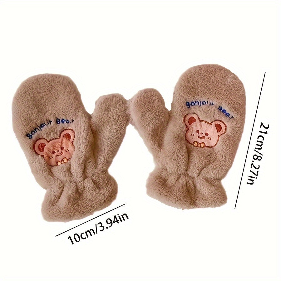 Cozycraft, Cozy Fleece-Lined Winter Gloves with Cute Bear Design - Windproof, Warm Mittens for Outdoor Activities, Non-Slip Touchscreen Compatible, Winter Accessories