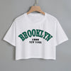 Women's Y2K Casual Cropped T-Shirt - Oversized Loose Fit Short Sleeve Round Neck Tee with Brooklyn New York 1898 Graphic Print, Breathable White Top for All-Season Wear, Ladies T Shirts, Streetwear Fashion, Relaxed Fit Shirt