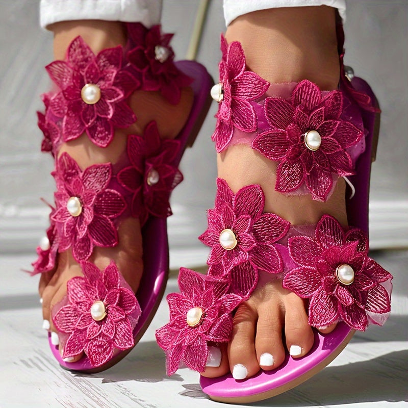 Faux Pearl Women's Flowers Flat Sandals, Fashion Toe Loop Casual Beach Travel Slip On Shoes