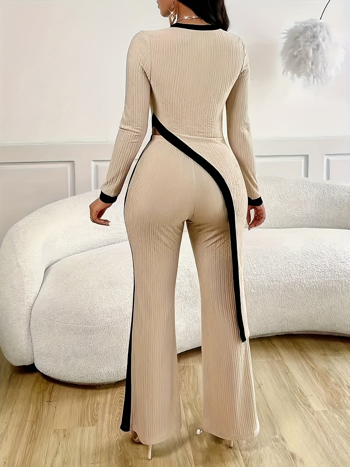 Elegant Women's Asymmetrical Hem T-Shirt & Flared Pants Set - Stretchy Polyester Blend, Machine Washable - Perfect for Spring/Fall