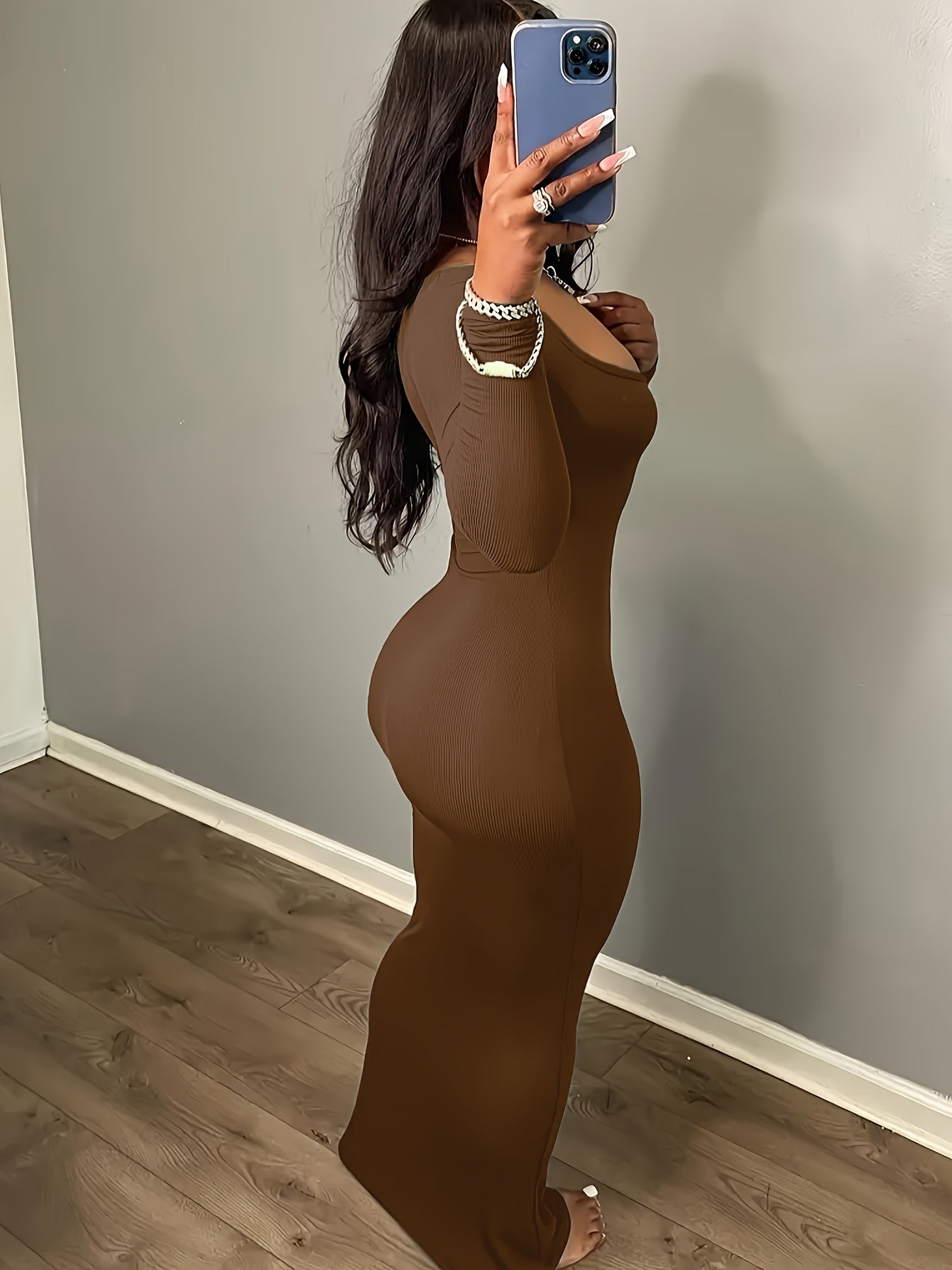 Women's Long Sleeve Bodycon Midi Dress - Elegant Brown, Stretchy Polyester/Spandex Blend, Machine Washable, Perfect for Spring/Summer/Fall Events, |Elegant Long Sleeve|Knit Construction