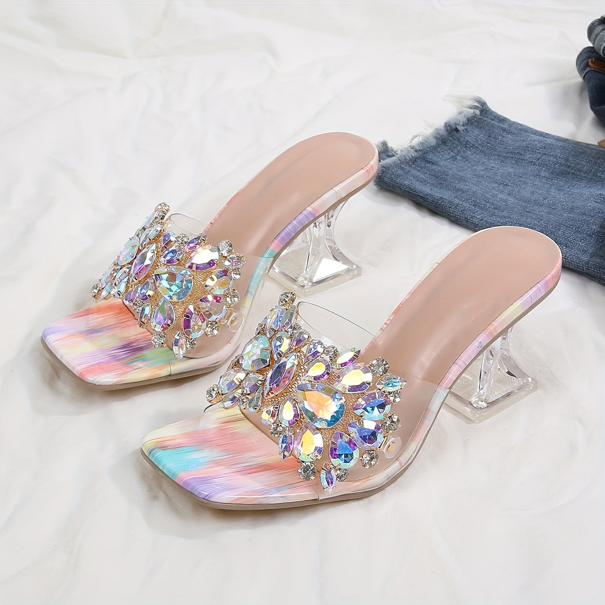 Women's Rhinestone Embellished Pyramid Heel Sandals - Stylish Pink Transparent Strap with Sparkling Floral Design, Perfect for Weddings & Formal Events