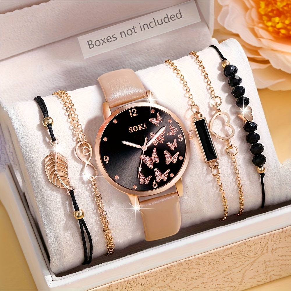 Women's Watch 6pcs Fashion Casual Elegant Simple Round Quartz Wristwatch And Woven String, Bracelet Jewelry Set Mother's Day Women Party Holiday Birthday Wear Or As Sisters The Best Gift for A Lady No Box