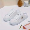Women's Lightweight Breathable Flat Sole Sneakers - White Distressed Casual Running Walking Shoes with Fabric Upper, EVA Cushioned Sole & All-Season Comfort