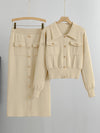 2pcs Women'S Viscose Blend Co-ord Set, Casual Lapel Collar Long Sleeve Knit Sweater and Skirt, Solid Color, Regular Fit, with Fake Button Details