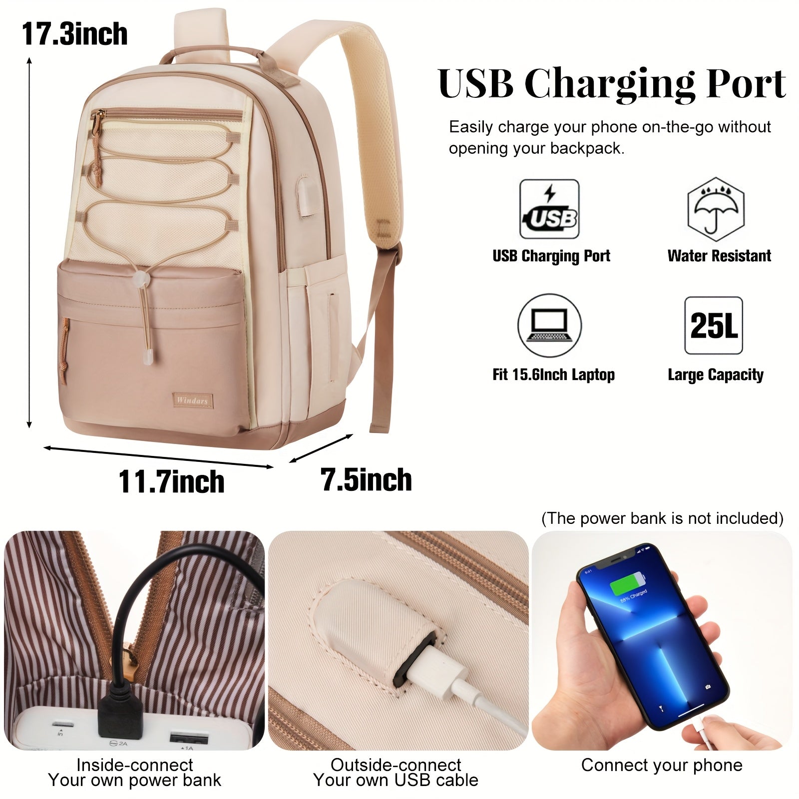 Stylish Large Capacity School Backpack for Teens Girls & Women Students - 15.6 Inch Laptop Bag with USB Charging Port, Durable Polyester College Bookbag, Khaki/Beige Travel Backpack for Work & Daily Commute, Backpack for Scho