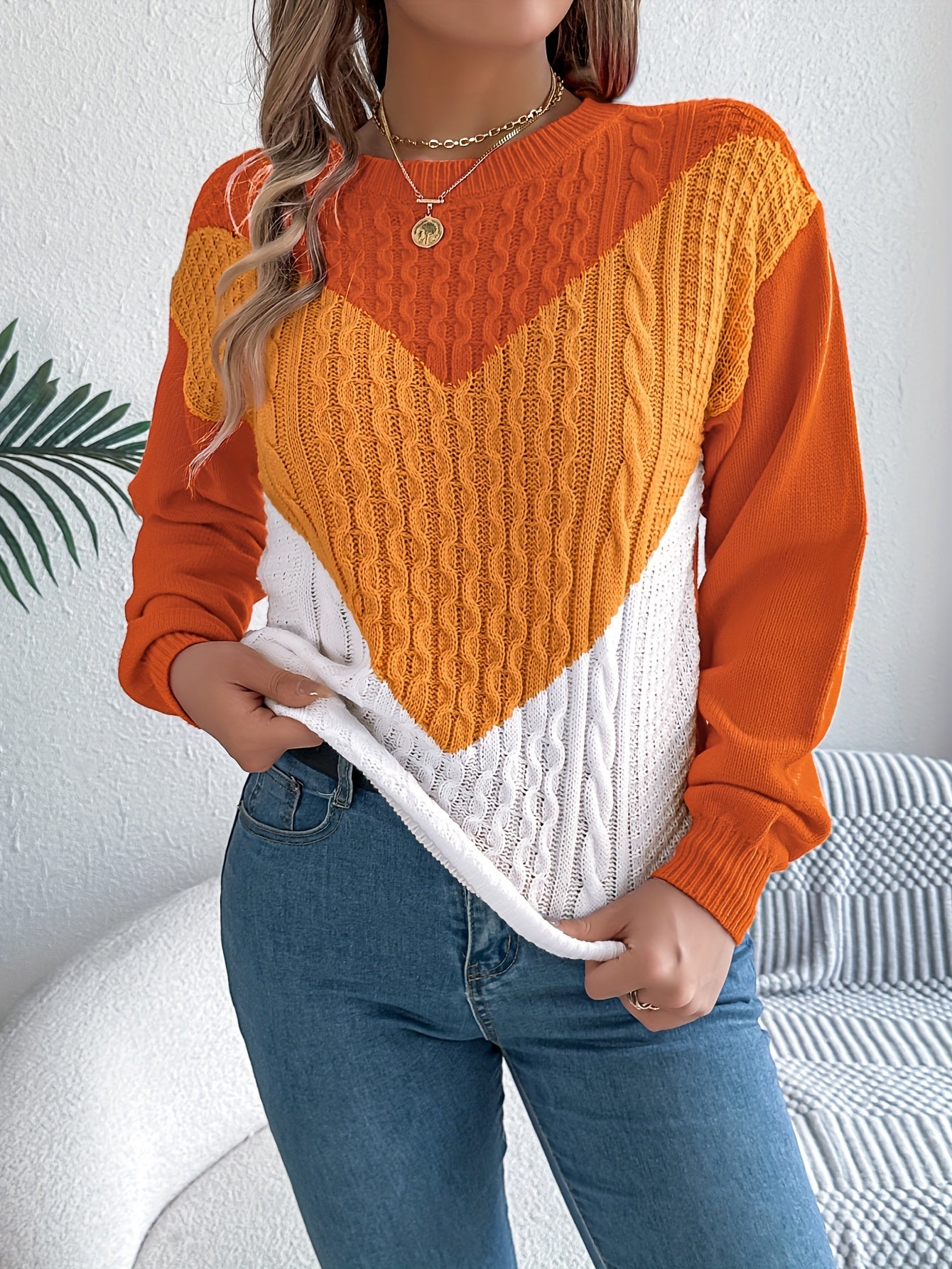 Color Block Crew Neck Sweater, Elegant Long Sleeve Sweater For Fall & Winter, Women's Clothing