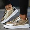 Women'S Glittery Sequin Sneakers - Golden & White Low-Top Lace-Up Casual Skate Shoes with MD Sole, Fabric Insole, and Synthetic Upper for All Season