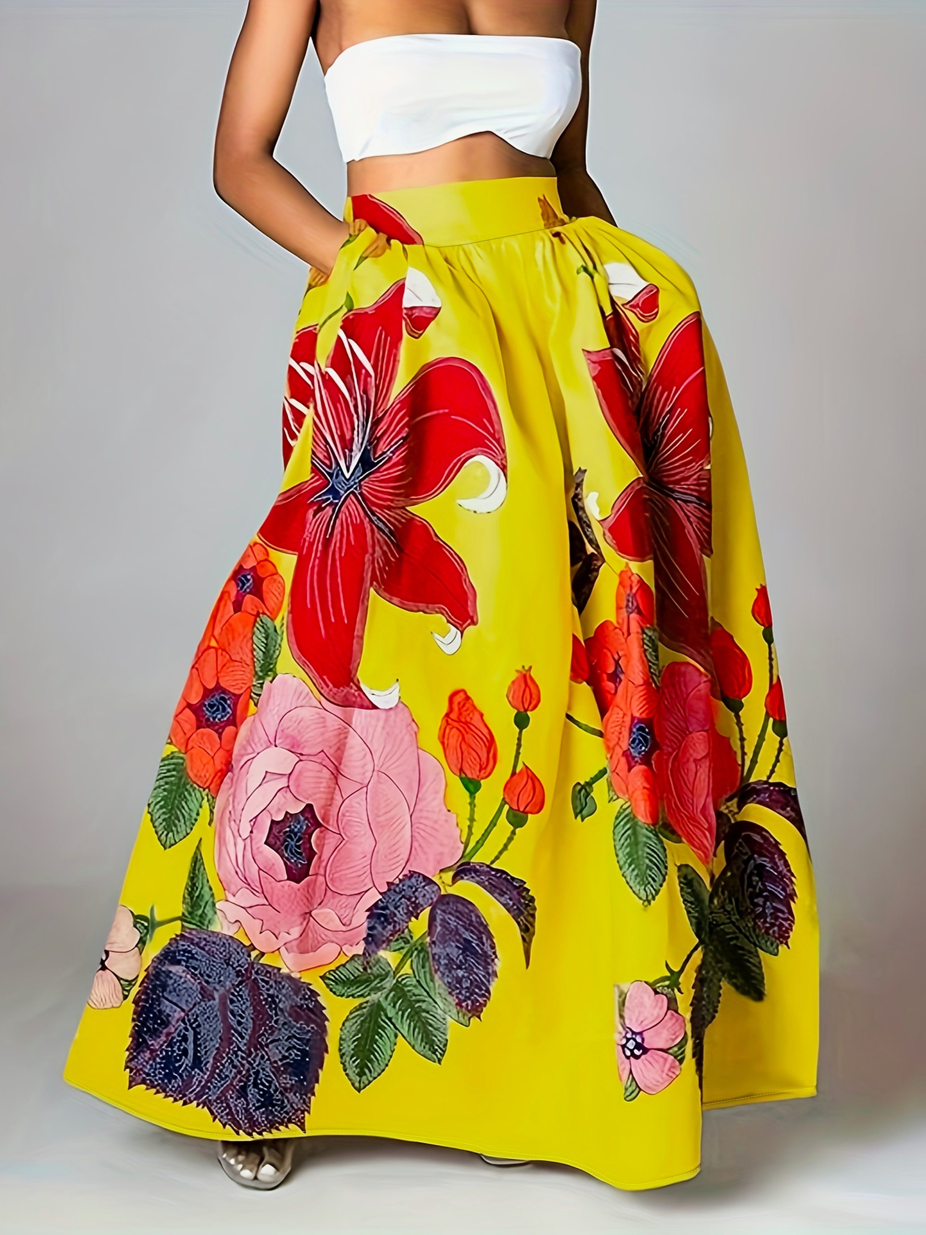 Floral Print Pocket Design Skirt, Elegant Elastic High Waist Maxi Skirt For Spring & Fall, Women's Clothing